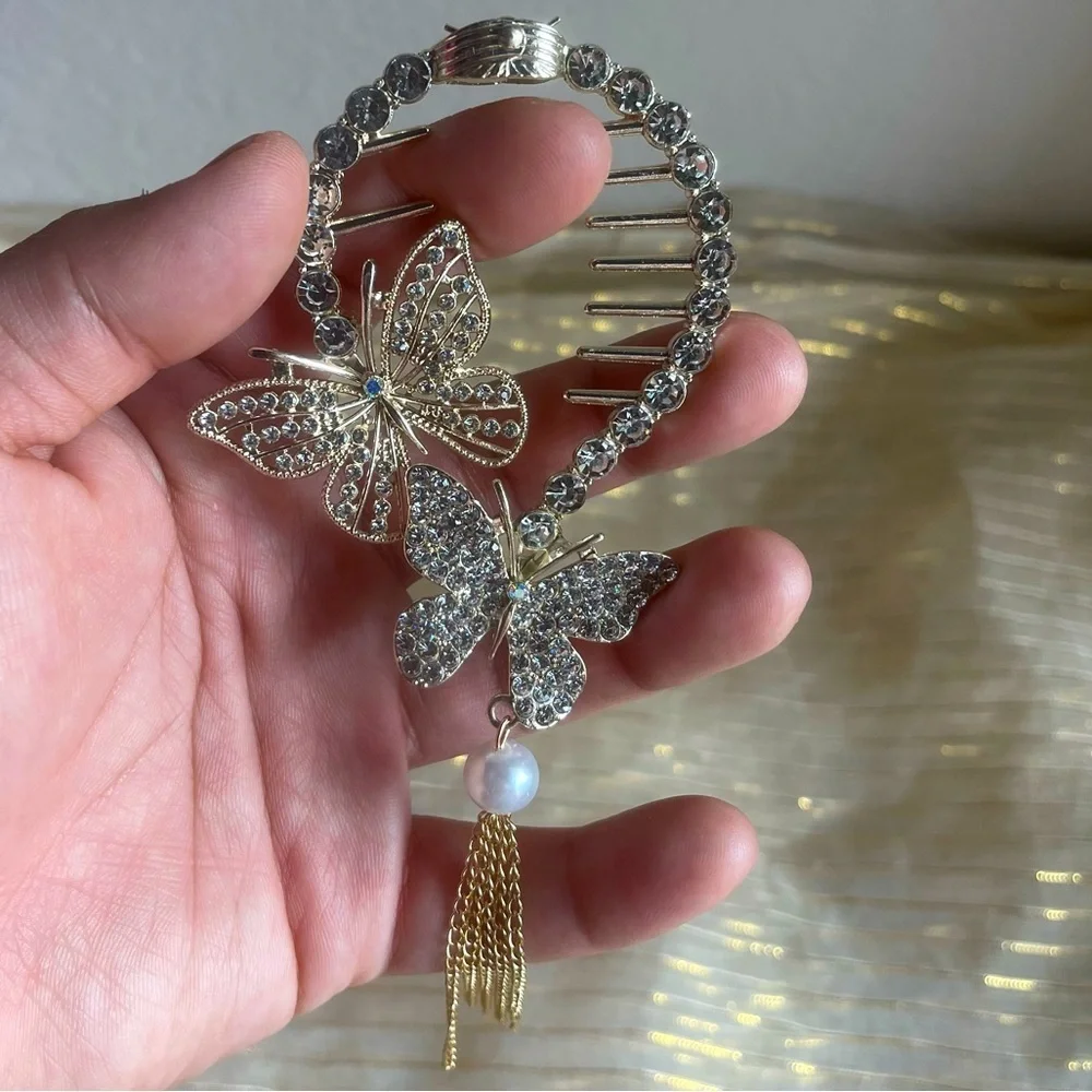 Butterfly Rhinestone Bun Hair Clip Gold